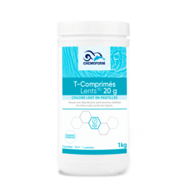 Slow stabilized chlorine tablet of 20 gr box of 1 Kg