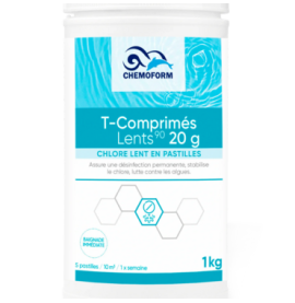 Slow stabilized chlorine tablet of 20 gr box of 1 Kg