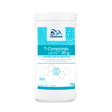 Slow stabilized chlorine tablet of 20 gr box of 1 Kg