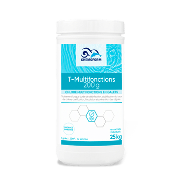 Chlore lent multi-fonctions galet de 200 gr seau de 25 Kg