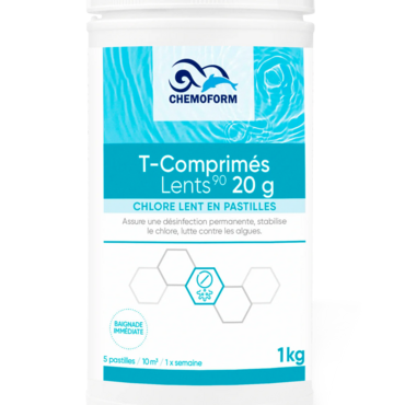 Slow stabilized chlorine tablet of 20 gr box of 1 Kg